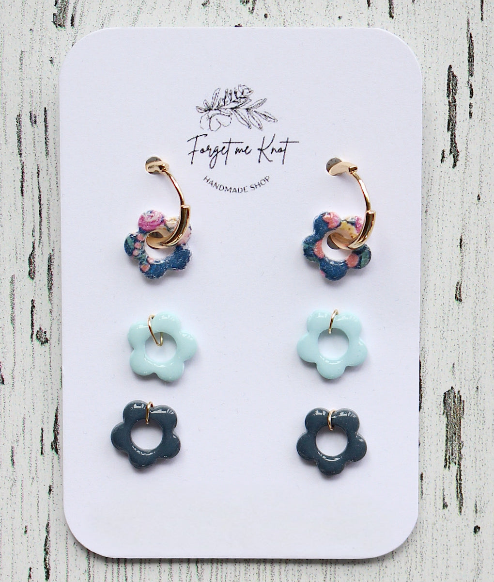 Wood and flowered square earrings