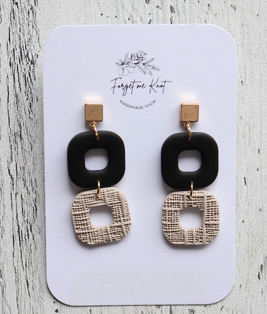 Wood and flowered square earrings