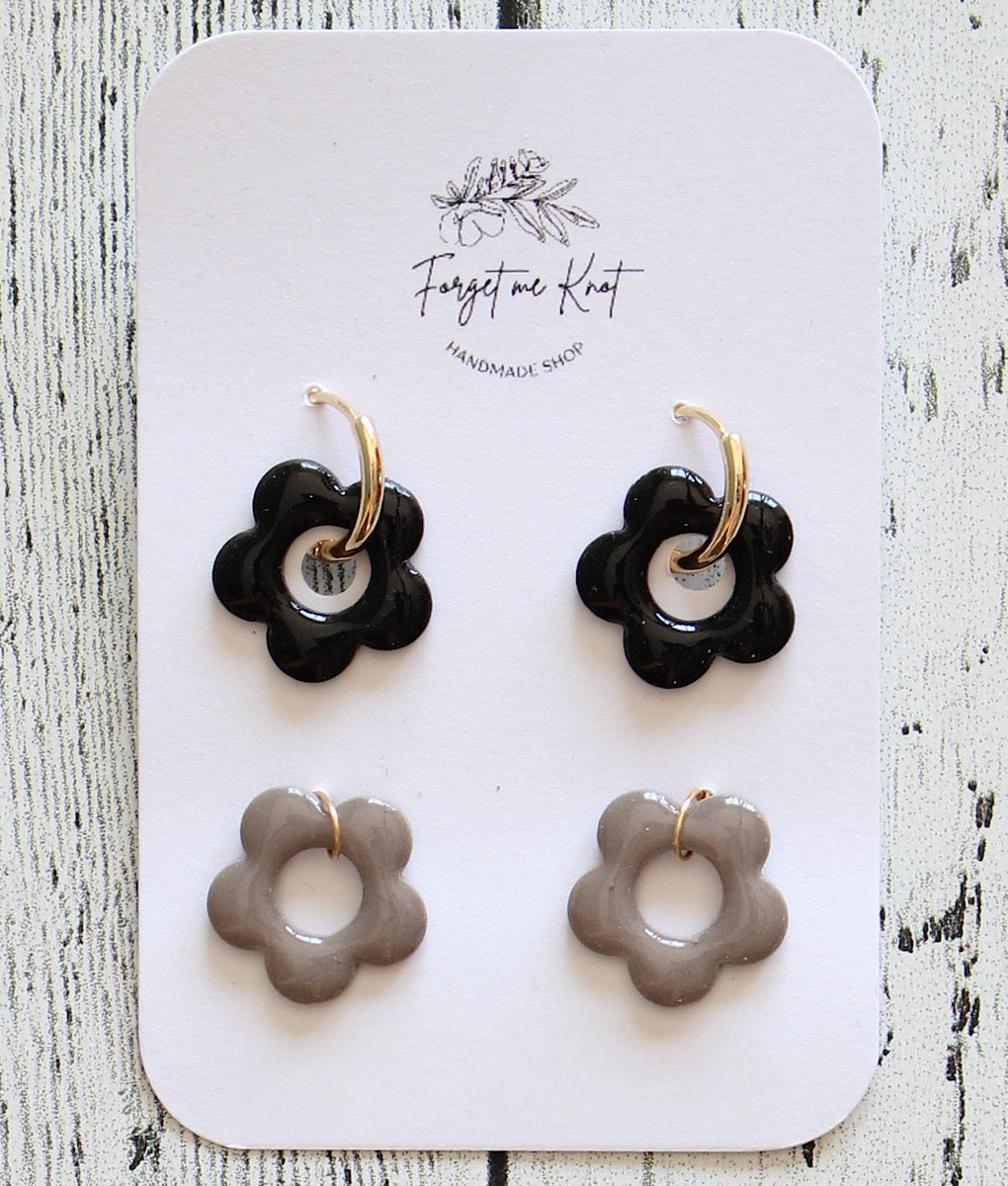 Boucles d’oreilles 3 en 1 anneaux dorés noire et taupe