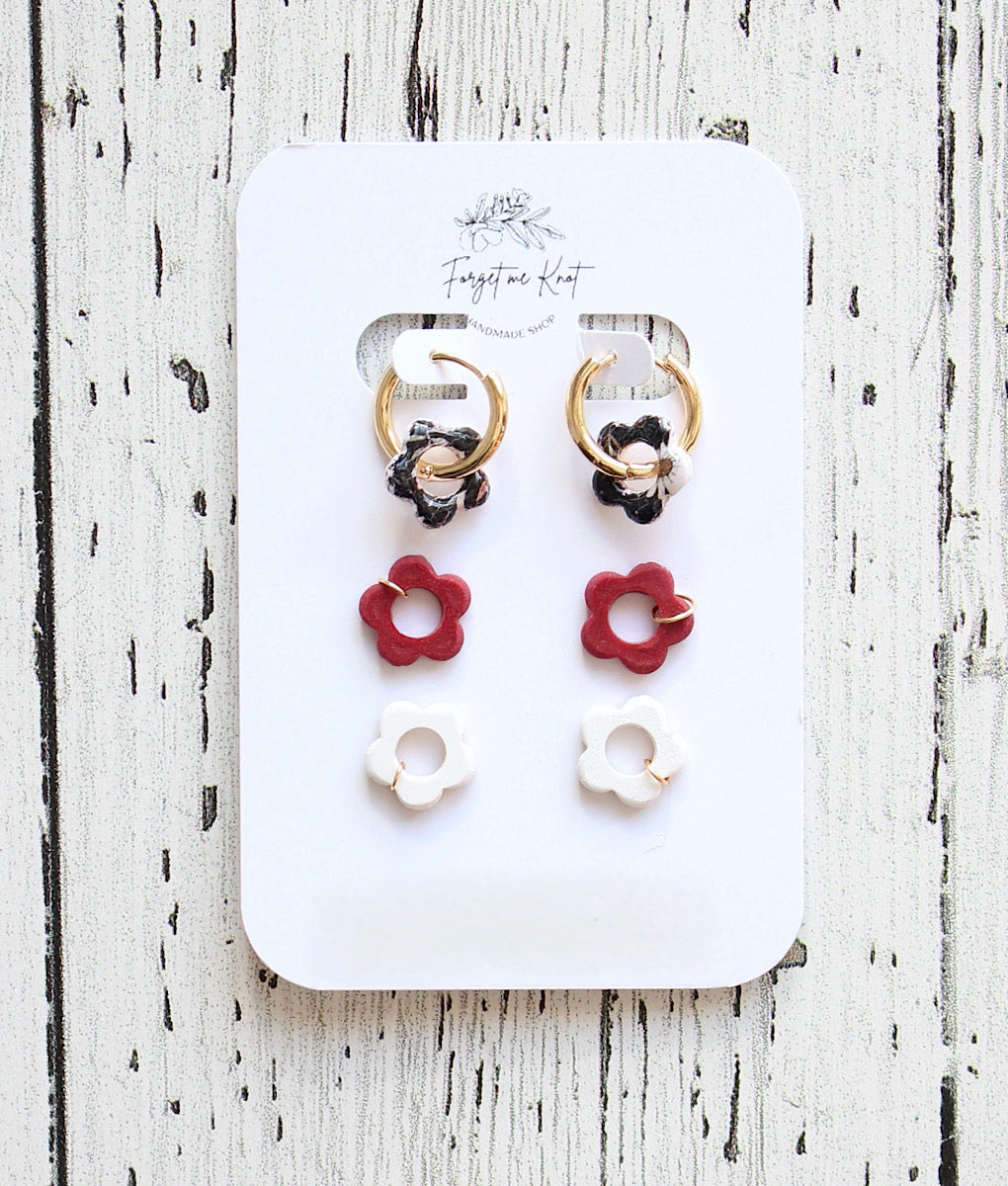 Wood and flowered square earrings